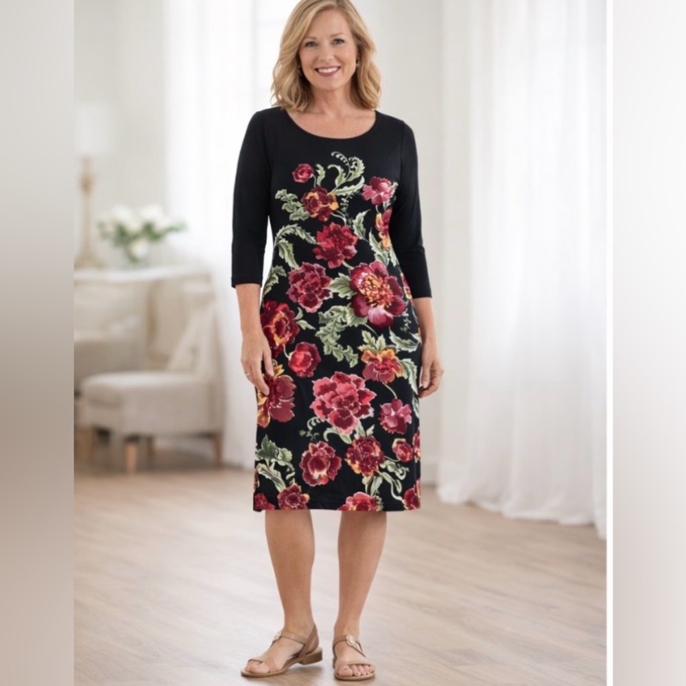 Chicos Travelers Floral Dress | size 1 |colorful stretchy midi travel